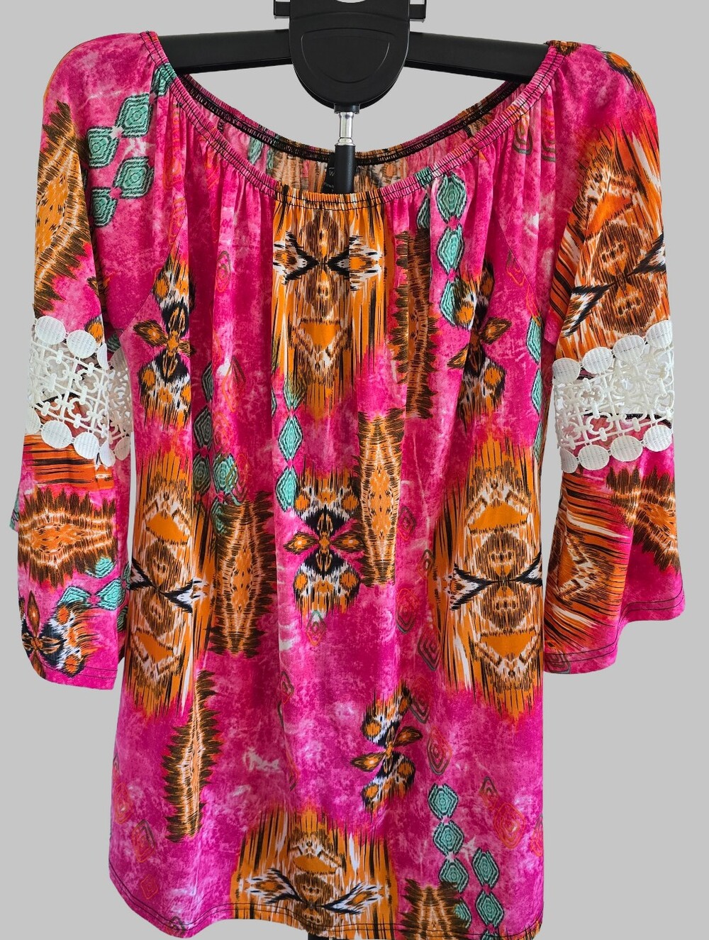 Vibrant Pink Orange Tribal Aztec Print Scoop Neck Top Crochet Crochet L/XL